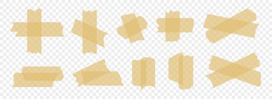 Brown adhesive tapes collection. Torn duct tape pieces set. strip. Plastic scotch stripes with torn jagged edges. Sticky masking paper for package wrap, blank tag, label, sticker, decoration vector