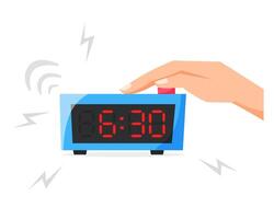 Turn of ringing alarm clock, pressing button on electronic clock, early morning concept, waking up early, flat illustration vector