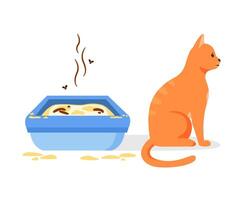 Cat not using dirty litter box. Wrong way to maintain cat toilet. Pet toilet hygiene concept. Flat illustration vector