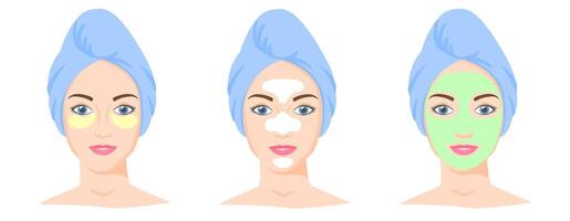 Different cosmetic products set. T-zone strips, clay or sheet mask, eye patches. Woman with towel on head. vector
