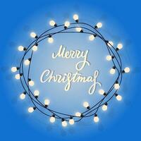 Merry Christmas lettering in glowing lamp garland. Decorative wreath garland with bulbs. Holiday sign in circle lights border on blue background. Greeting card with round frame. vector