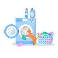 Cat looking in open washing machine, laundry basket with clothes, bottles with liquid detergents, flat illustration. vector