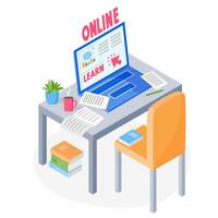 Learning online concept. Laptop, papers, books on table with chair. Studying online via the internet, learning from home, online education courses, illustration vector