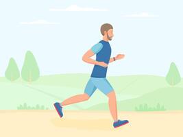 Man running outdoor in summer, jogging in park. Doing exercise and cardio workout outside. Flat vector