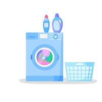 Working washing machine and empty laundry basket, bottles with liquid detergents, flat style illustration vector