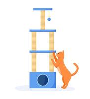 Cat tree or house with scratching posts. Cute red cat interested in cat tower and sc. Cat playground with claw sharpeners. Flat sty vector
