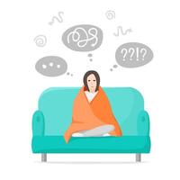 Thinking woman sitting alone at home, many different ideas in head, girl tries to figure something out, concerned about something, difficult thoughts in mind. Self isolation. flat illustration vector
