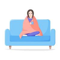 Sad alone woman sitting wrapped blanket on sofa. Depressed and tired girl with hot drink. Self isolation concept. Flat style . vector