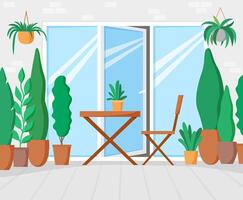 Garden on terrace with table and chair, green balcony with plants, gallery with big window for leisure time. Flat design illustration vector