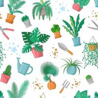 Seamless pattern with plants and garden tools, home plant repeated ornament, decoration for plant and gardening lover. Flowerpots, scissors, fork, trowel, watering pot, palm, cactus, fern. Flat vector