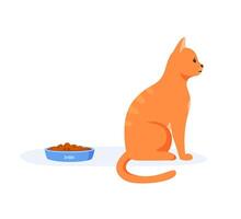 Picky cat refusing to eat food in bowl. Red domestic cat being selective and persnickety. Pet not eating kibble or wet food. Feeding pet problem. Flat style vector