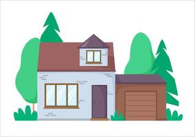 Brick house with garage. Nice detached house with greenery on background. Flat design architecture. illustration vector