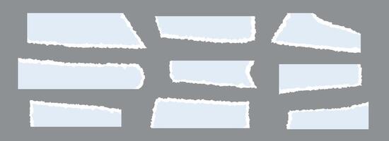Light blue torn paper pieces set. Ripped paper sheet strips collection. Long elements with jagged uneven edges for collage, text box, banner, sticker, poster. textured cardboard fragments vector
