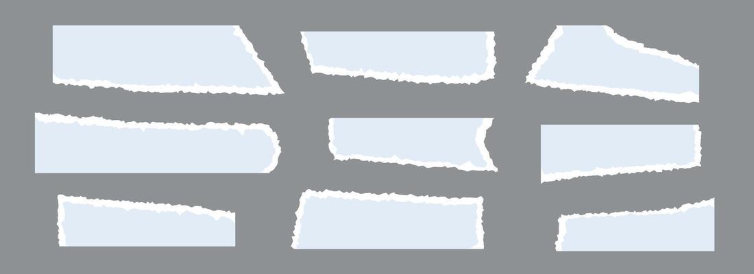 Light blue torn paper pieces set. Ripped paper sheet strips collection. Long elements with jagged uneven edges for collage, text box, banner, sticker, poster. textured cardboard fragments