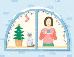 Christmas illustration. Woman standing in front of window and watching snowing. Girl, cat and Christmas tree in window decorated with lamp garland and socks. Winter holidays concept. Flat style vector