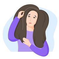 Woman found grey hair, worry about getting old and turning grey, dissatisfaction with oneself, appearance-related social pressure and ageism issue, illustration in flat style. vector