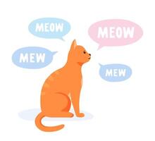Talkative cat meowing and yowling a lot. Vocal domestic cat talking and yelling. Flat style vector