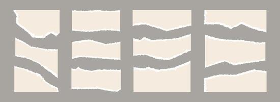 Light beige torn paper pieces set. Ripped paper sheet strips collection. Elements and shapes with uneven jagged edges for sticker, collage, text box, banner, poster. Cardboard texture fragments vector