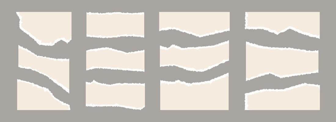 Light beige torn paper pieces set. Ripped paper sheet strips collection. Elements and shapes with uneven jagged edges for sticker, collage, text box, banner, poster. Cardboard texture fragments