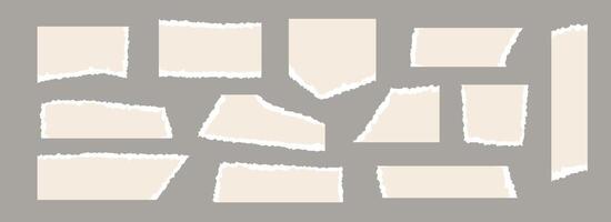 Light beige torn paper pieces set. Ripped paper sheet strips collection. Elements and shapes with jagged uneven edges for sticker, collage, text box, banner, poster. Cardboard texture fragments vector