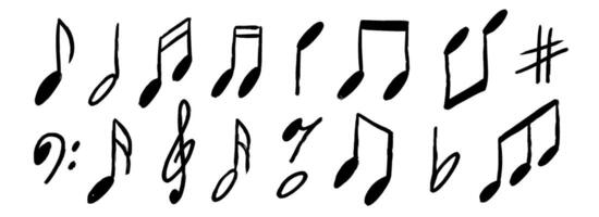 Hand drawn music notes set. Chalk doodled musical symbol collection. Charcoal brush scribbled music sign bundle. Crayon textured sketched music clefs and keys pack. Sound elements. vector