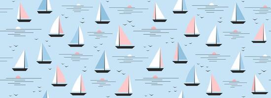 Cute boat seamless pattern. Summer marine repeated background. Blue nautical print for textile, fabric. Small cartoon yacht and birds in still water ocean. Baby nursery pattern. vector