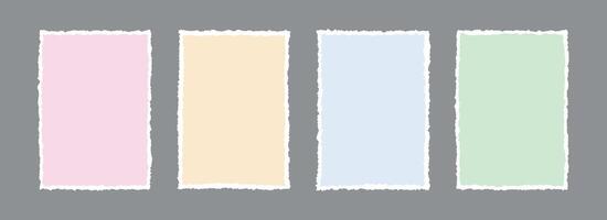 Torn paper frame backgrounds. Colored blank sheet wallpapers with jagged edges. Ripped grunge element bundle for poster, text box, banner, collage, sticker. Rectangle craft backdrops vector