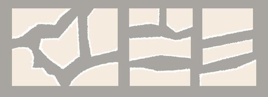 Light beige torn paper pieces set. Ripped paper sheet strips collection. Elements and shapes with uneven jagged edges for sticker, collage, text box, badge, poster. Cardboard texture fragments vector
