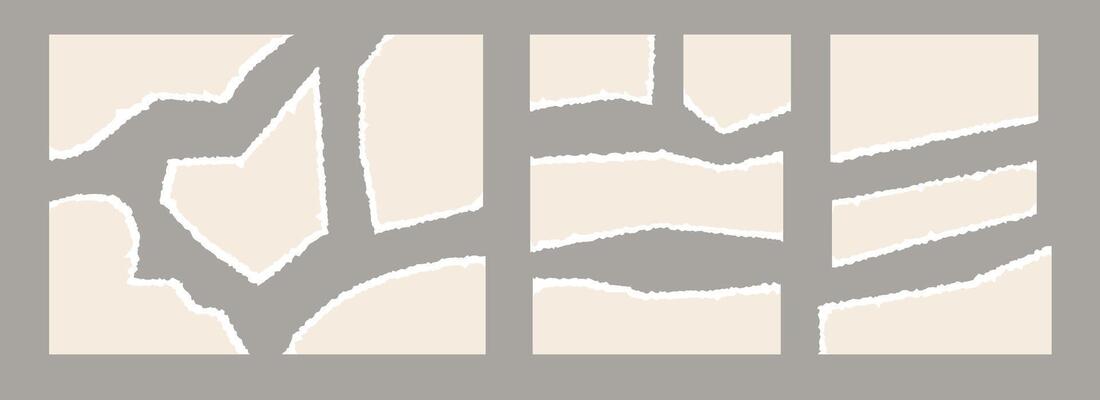 Light beige torn paper pieces set. Ripped paper sheet strips collection. Elements and shapes with uneven jagged edges for sticker, collage, text box, badge, poster. Cardboard texture fragments