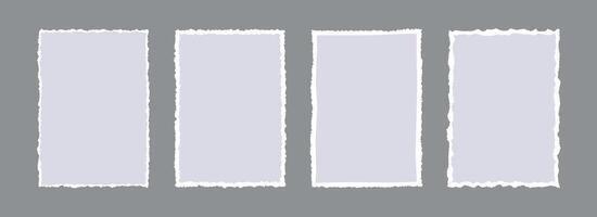 Grey torn paper frame backgrounds. Gray blank sheet wallpapers with jagged edges. Ripped grunge element bundle for poster, text box, banner, collage, sticker. Rectangle craft backdrops vector