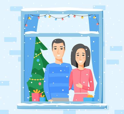 Happy couple, man, woman, look out of window decorated with lamp garland. Christmas tree and gifts. Winter holidays illustration.