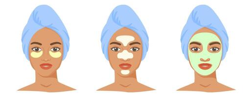 Different cosmetic products set. T-zone strips, clay or sheet mask, eye patches. Black woman with towel on head. vector