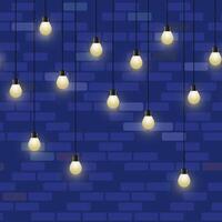 Glowing light bulb garland. Repeated decorative lamp garland on brick wall background. Shiny lamps, vector