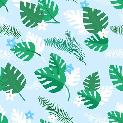 Seamless pattern with tropical plants and blue and white flowers. Summer background with green palm leaves. Simple wallpaper