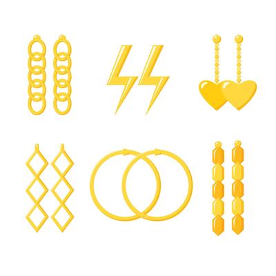 Golden earrings collection. Gold chain, rings, lightning and heart accessories. Jewellery set. Flat