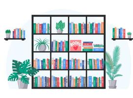 Colorful bookshelf with plants vector