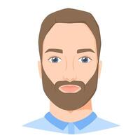 Young white man face with beard. Male portrait of brunette in flat style. Front view. vector