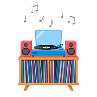 Turntable playing vinyl record. Retro audio device with acoustic system. Analog music player with vinyl collection. vector