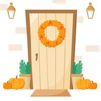 Front door with autumn decoration, entrance with wreath and pumpkins, lanterns and plants in pots, fall illustration, flat style vector