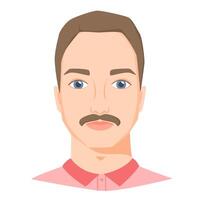 Young white man face with moustache. Male portrait or avatar in flat style. Front view. vector