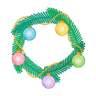 Christmas decorative wreath with colorful balls with snowflakes, christmas tree frame,
