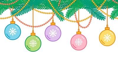 Christmas and New Year decoration, repeated christmas tree garland with balls and beads, horizontal pattern, vector