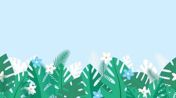 Horizontal repeated pattern with tropical plants and blue and white flowers. Summer background with green palm leaves. Simple wallpaper vector