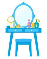 Dressing table with mirror and chair, female boudoir with cosmetics, perfume bottles and jewellery box. Vanity table. illustration in flat style vector