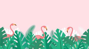 Horizontal repeated pattern with tropical plants and pink flamingos. Summer background with green palm leaves. Simple wallpaper, wallpaper vector