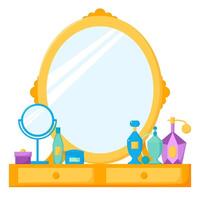 Dressing table with mirror and drawers, female boudoir with cosmetics and perfume. illustration in flat style vector