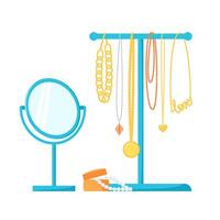 Jewelry holder with different necklaces, chains, beads. Jewellery stand, round table mirror and pearls in box. Flat illustration vector