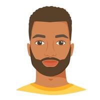 Young black man face with beard. Male portrait or avatar in flat style. Front view. vector