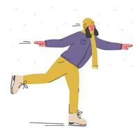 Happy woman in warm clothes ice skating. Person skating on rank when snowing. Winter activity and active rest. vector