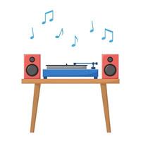 Turntable playing vinyl record. Retro audio device with acoustic system. Analog music player in flat style. vector